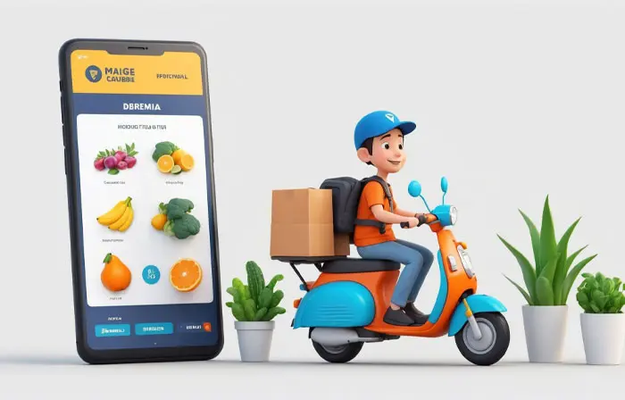 Online Food Ordering Concept Boy on Bike Delivering Fruits 3D Character Illustration